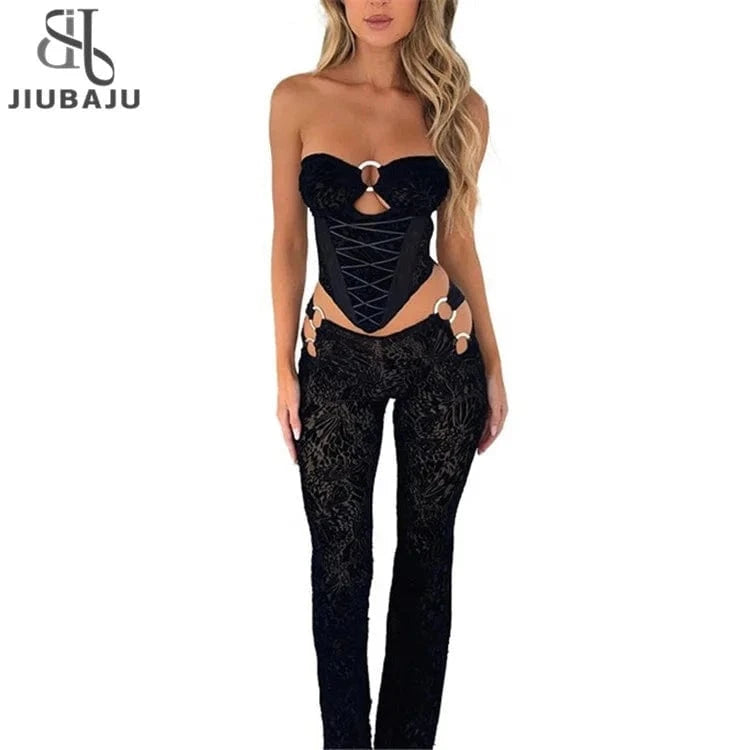 Black Flocking Strapless Two Piece Sets Vacation Outfit For Women 2024 Sexy Hollow Out Bodycon Tube Top Pants Set