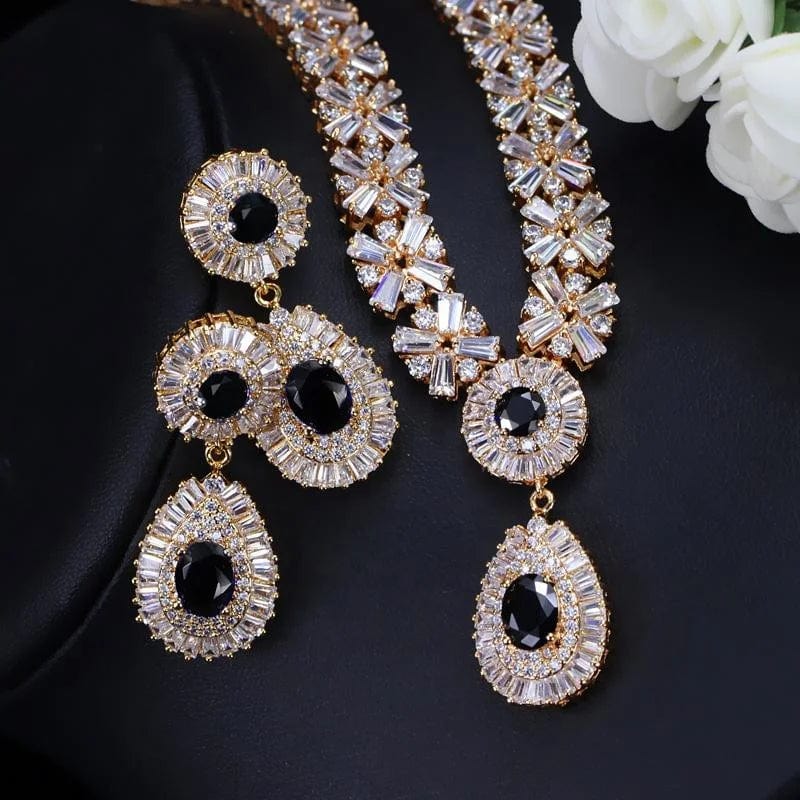 black+gold RAKOL SP232 American Style Popular Honorable Jewelry Full Inlay Crystal Zircon Water Shape Pendant Wedding Bridal Jewelry Set