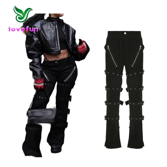 Black Gothic Strap Pants with Zipper Detail