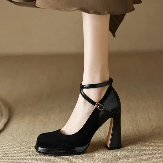 Black high heels women's thick heels wedding shoes Mary Jane 2023 new cross straps square toe  versatile comfortable light Sin