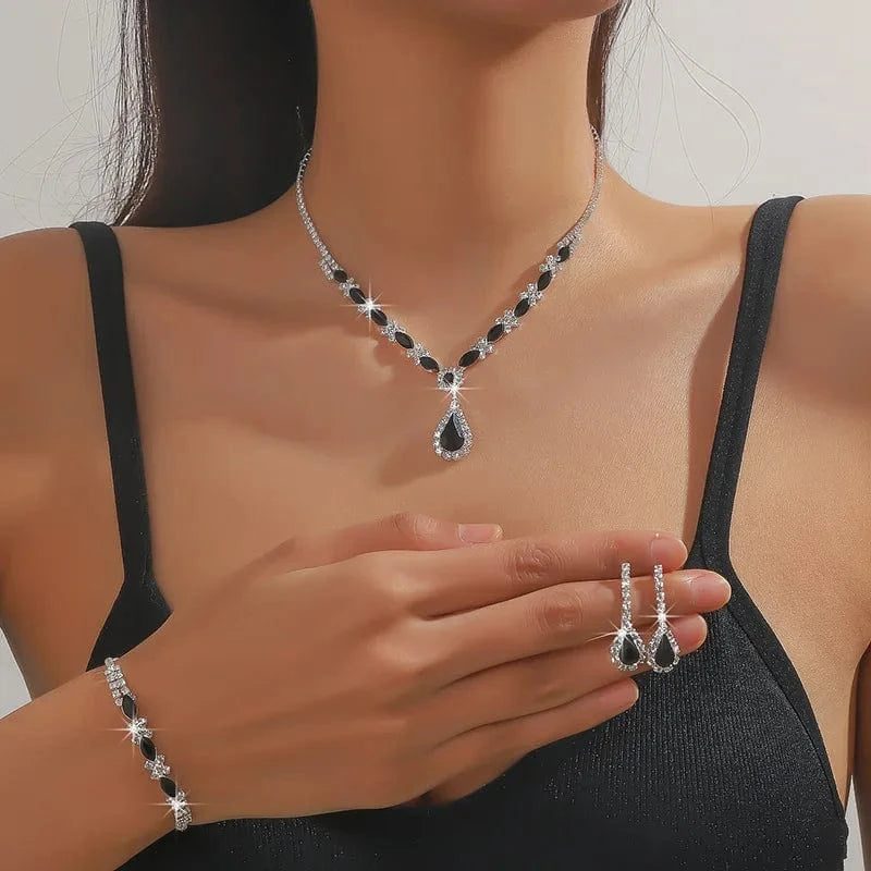 Black Hoyon  Fashion Red Crystal Necklace Earrings Bracelet Set Hot Sale Blue Rhinestone Jewelry Set Europe and the America style