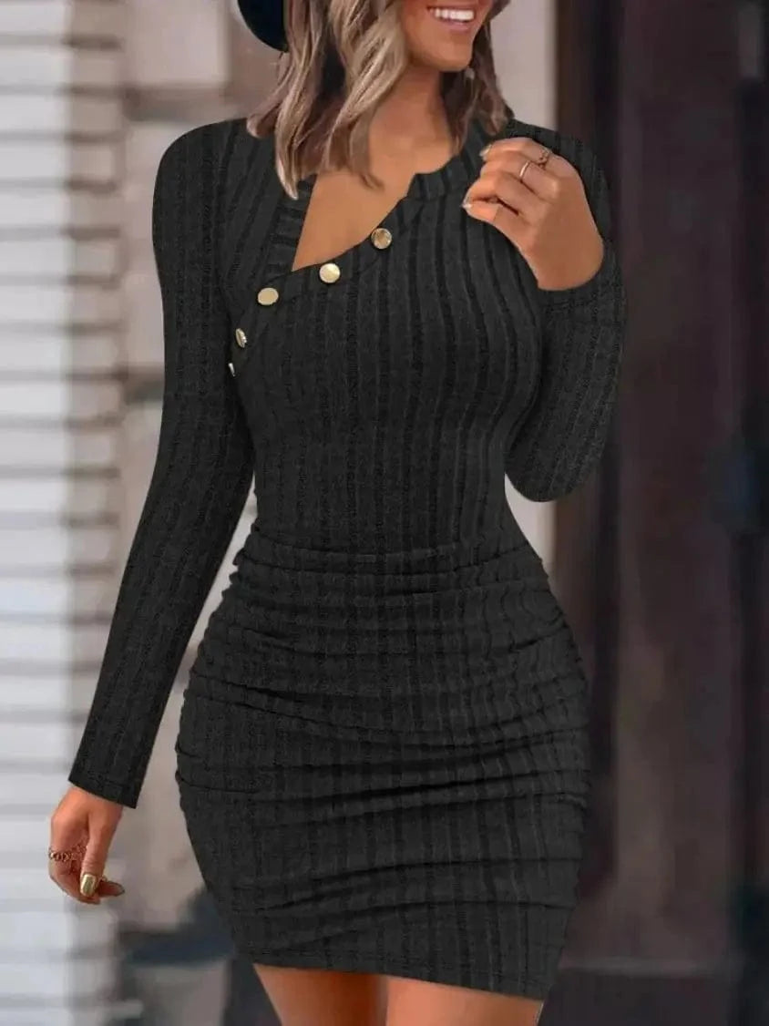 black / L Button Crewneck Bodycon Dresses for Women Solid Color Ribbed Mini Wrap Dress Slim Fit Ruched Knitted Sweaters Dress