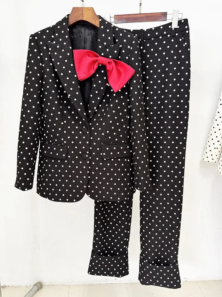 black / L HIGH STREET Newest 2025 Designer Suit Women Bow Decorated Polka Dot Blazer Pants Set 2PCS
