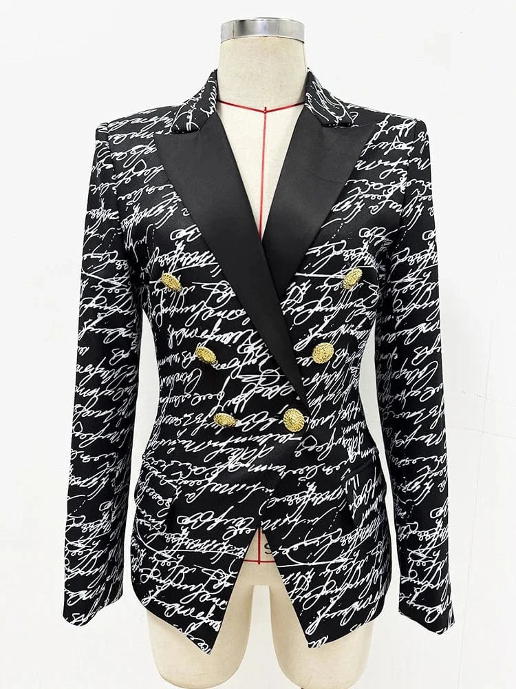 black / L HIGH STREET Newest 2025 Stylish Designer Jacket Women's Love Letters Printed Double Breasted Blazer