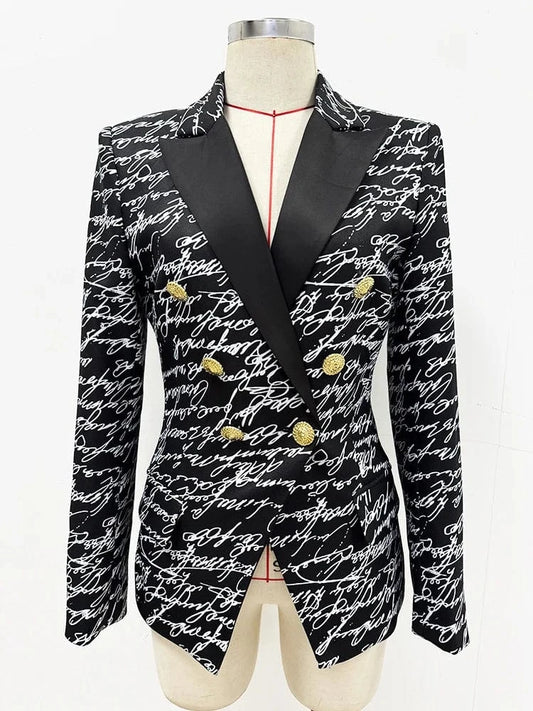 black / L HIGH STREET Newest 2025 Stylish Designer Jacket Women's Love Letters Printed Double Breasted Blazer