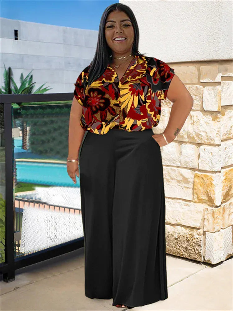 black / L Wmstar Plus Size Two Piece Sets Women Clothing Printed T-shirts Tops and Solid Pants Wide Leg Pockets Wholesale Dropshopping
