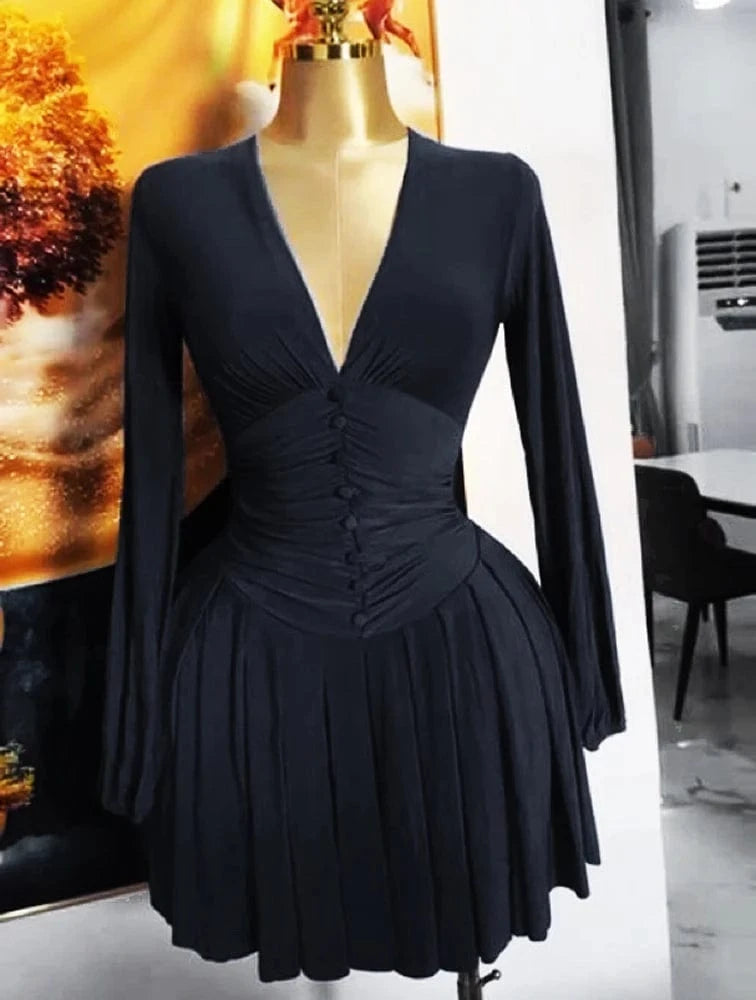 Black / L Women Elegant V-Neck Long Sleeve Pleated Dress 2025 Buttons Tunic Waist Sexy Evening Party Luxury Casual Short A Line Dresses