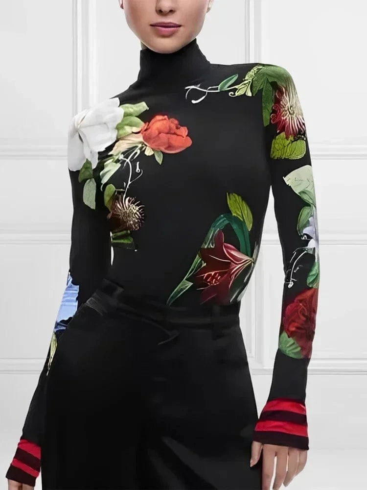 BLACK / L Women's Vintage Floral Printed High Neck Tops 2025 New Fashion Autumn Winter Long Sleeves Casual Skinny Split-Joint T-shirts