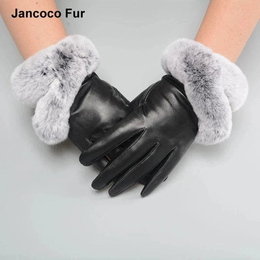 Black Lady's Genuine Sheepskin Leather Gloves Soft Rabbit Fur Touch Screen Mittens Spring Winter Warm S2005