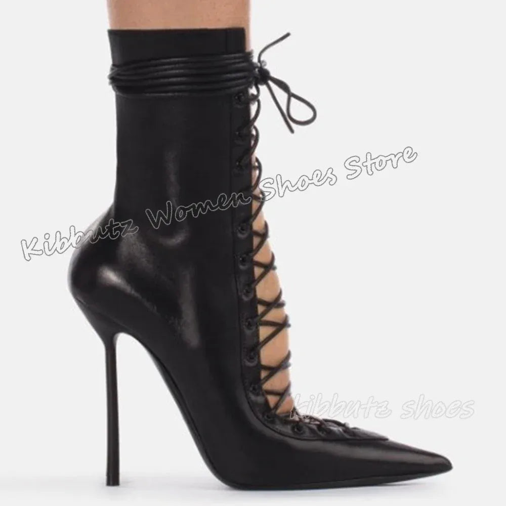 black leather / 40 Lace-Up Sandal Ankle Boots Mesh Leather Solid Color Fashion Elegant Luxury Concise Sexy Party Dress Women Shoes New Pointy Heels