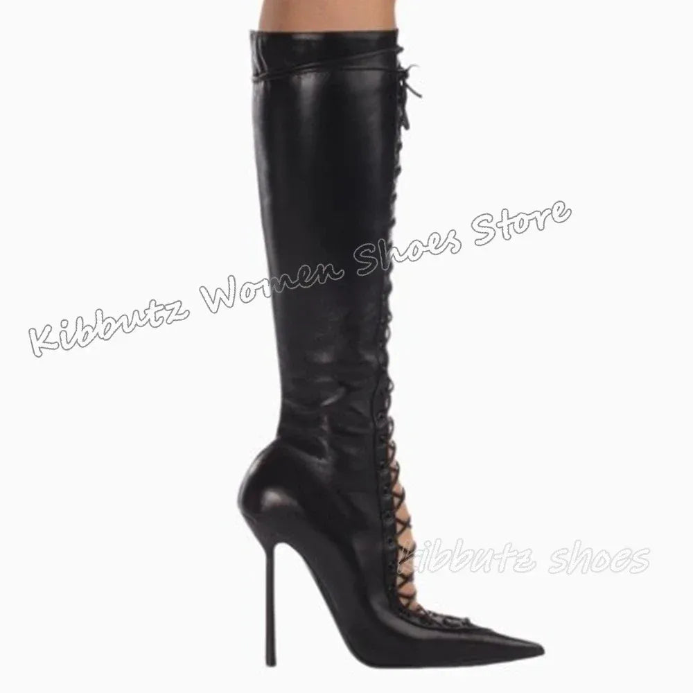 black leather long / 44 Lace-Up Sandal Ankle Boots Mesh Leather Solid Color Fashion Elegant Luxury Concise Sexy Party Dress Women Shoes New Pointy Heels