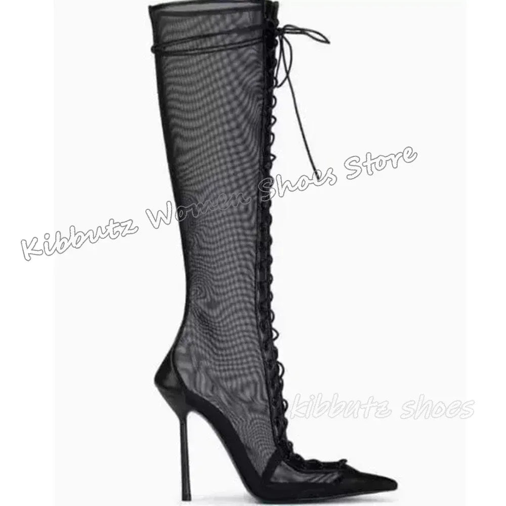 black long / 35 Lace-Up Sandal Ankle Boots Mesh Leather Solid Color Fashion Elegant Luxury Concise Sexy Party Dress Women Shoes New Pointy Heels