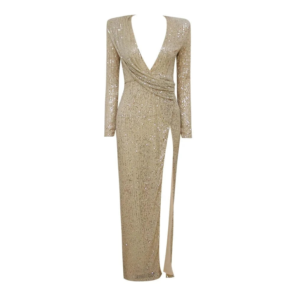 Black Long Sleeves Sequined Dresses High Split Party Dresses Women Evening Elegant Dress