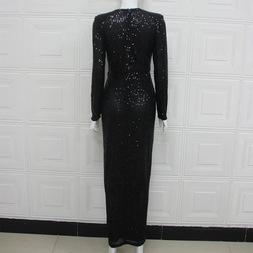 Black Long Sleeves Sequined Dresses High Split Party Dresses Women Evening Elegant Dress