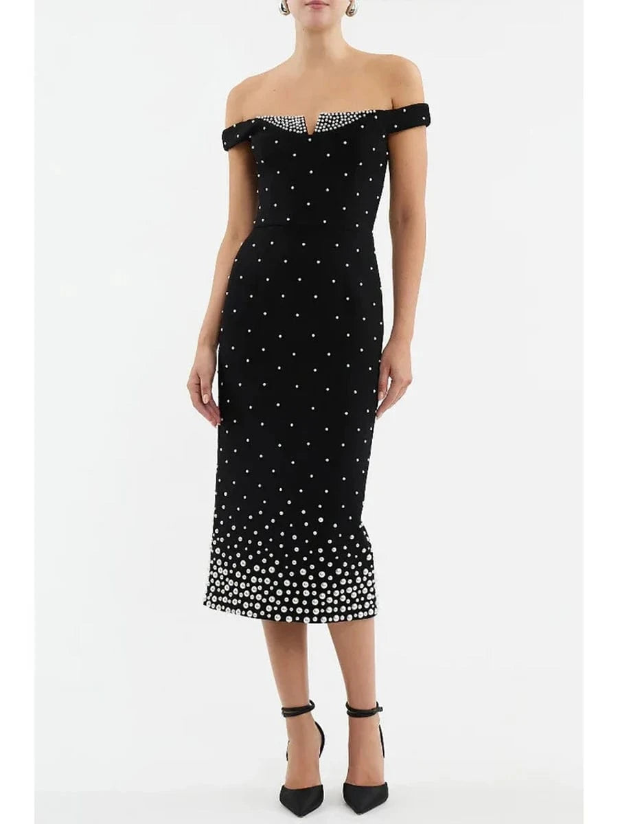 Black / M / CHINA Women's Elegant Black Off Shoulder Ankle-Length Dress Pearl Beading Luxurious Evening Party Dress Glamorous Fashion Choice