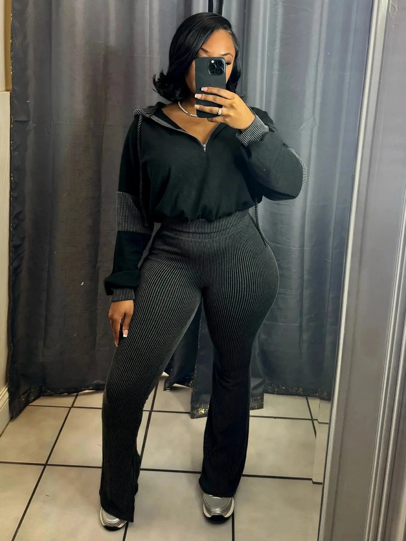 Black / M FAGADOER Casual Ribbed 2 Piece Sets Woman Outfit Long Sleeve Hooded Patchwork Sweatshirts Tops and Flare Pants Jogger Tracksuit