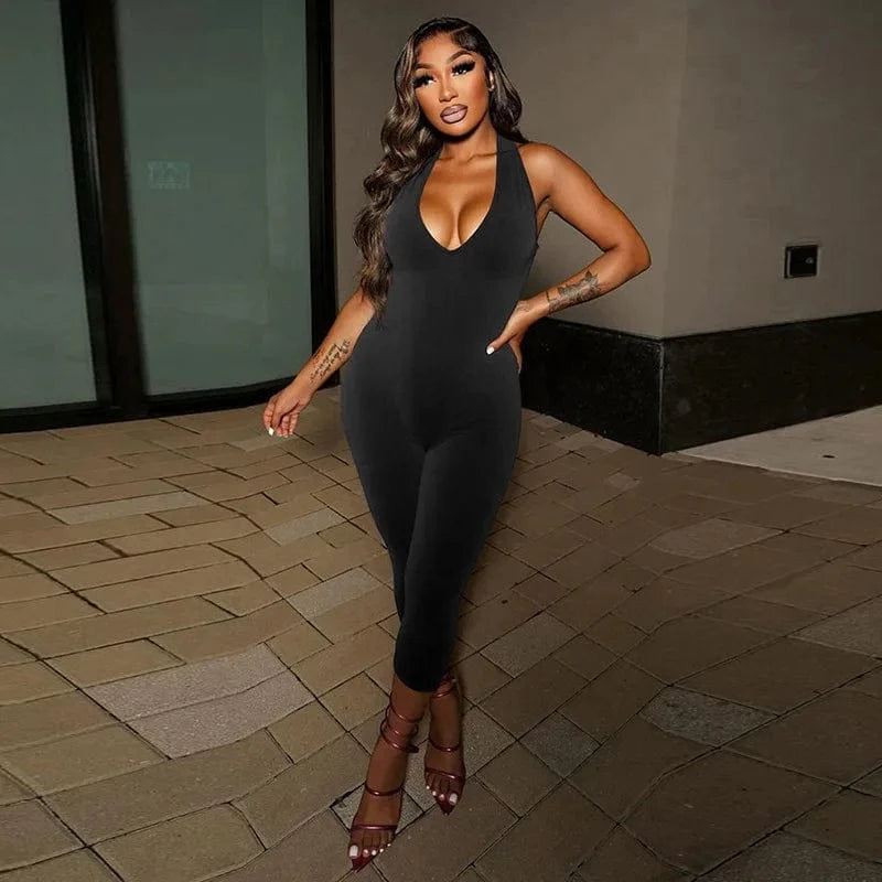 Black / M Solid Black Sexy Backless Halter Deep V-Neck Jumpsuit Women One Piece Outfits Skinny Casual Streetwear Calf-Length Simple Romper