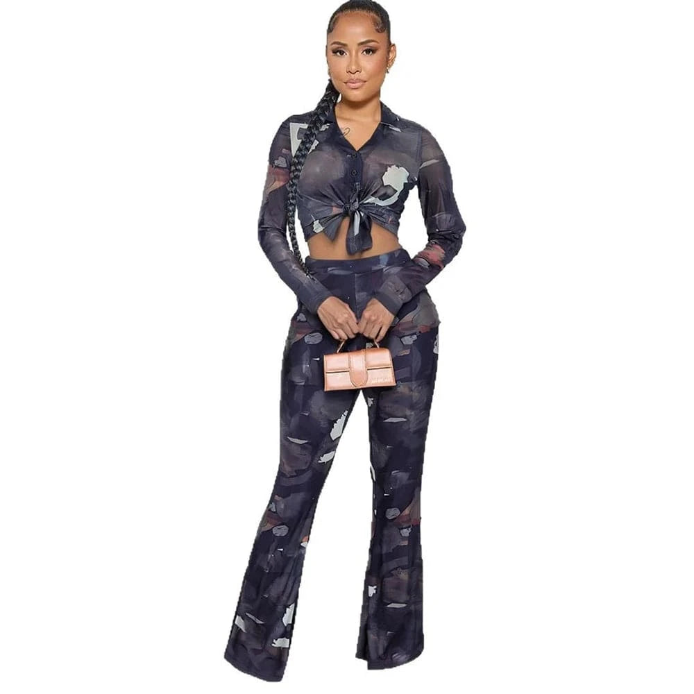 Black / M Spring Summer 2025 Women Clothing Mesh Tie Dye Print Long Sleeve Lace-up Shirts and Flared Pants Suit Women's Casual 2 Piece Set