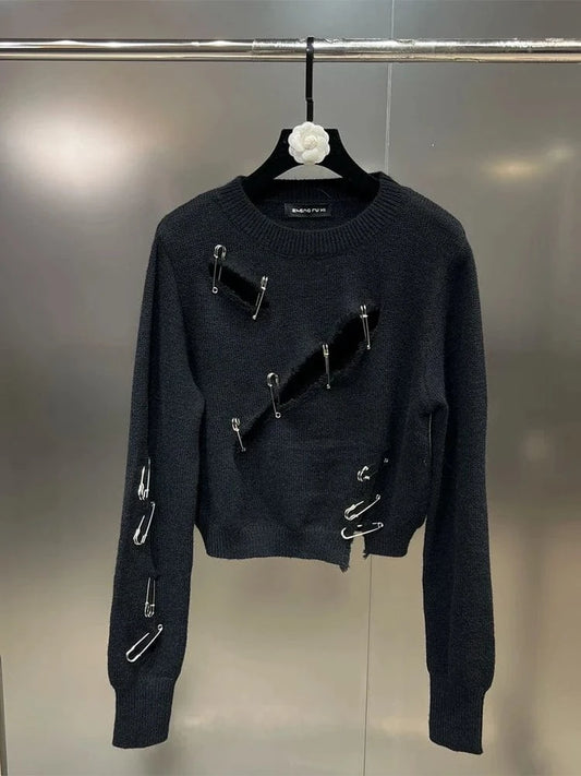 Black / M Women Black Gothic O-Neck Pullover Hollow Out Knit Sweater Harajuku Y2k Long Sleeves Sweater Vintage 90s 2000s Aesthetic Clothes