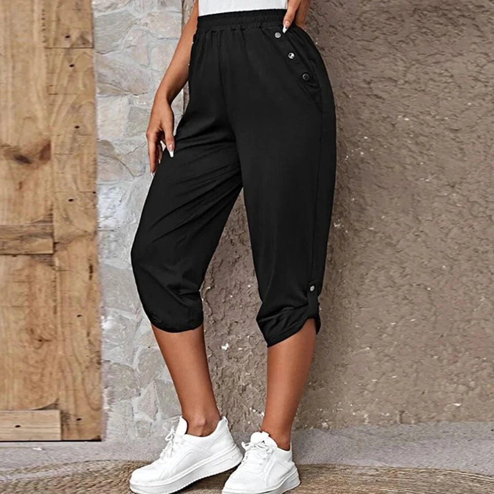 black / M Women Elastic Waist Pants Summer Solid Color Casual Trousers Bottom Elegant Fashion Office Lady Loose Cropped Pants S-3XL