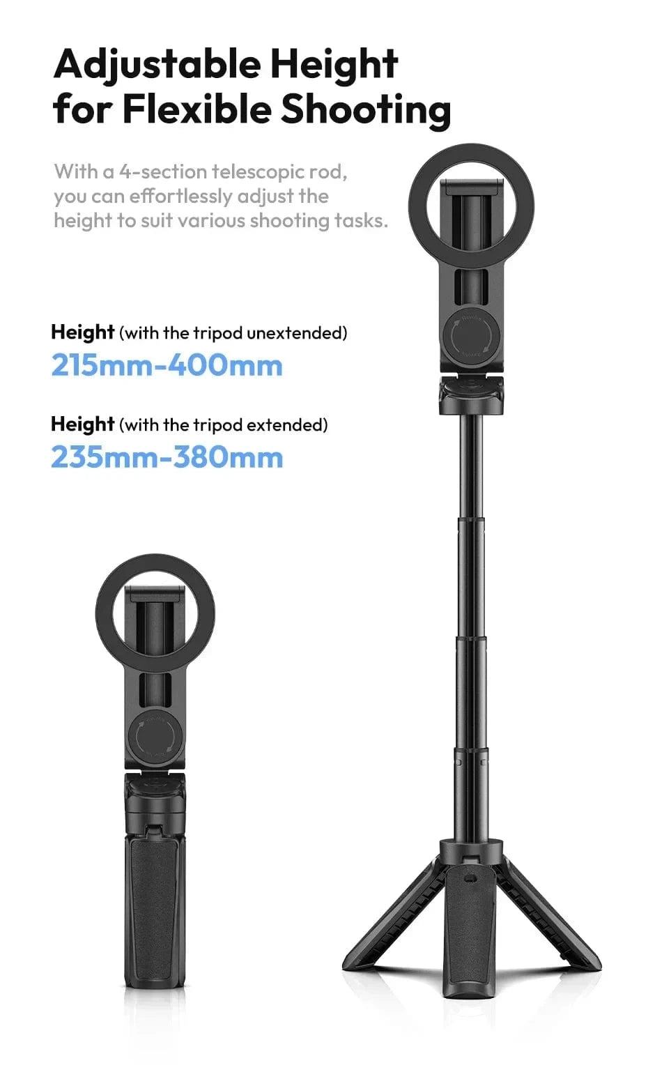 Black Magnetic Phone Tripod Wireless Phone Grip Selfie Stick Desktop Tripod for iPhone 16 15 14 13 12 Pro Max For Samsung phone holder