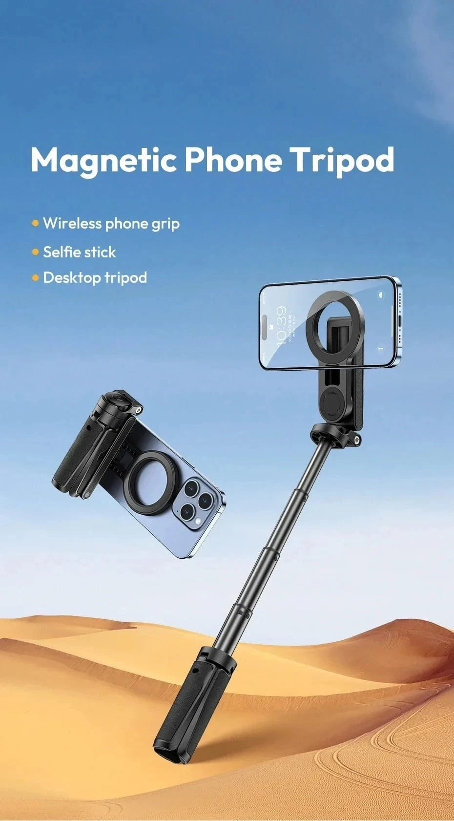 Black Magnetic Phone Tripod Wireless Phone Grip Selfie Stick Desktop Tripod for iPhone 16 15 14 13 12 Pro Max For Samsung phone holder