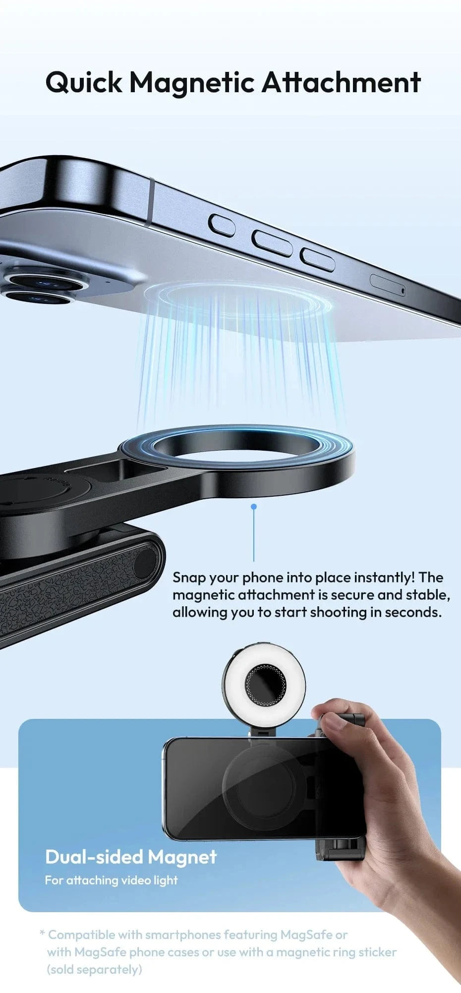 Black Magnetic Phone Tripod Wireless Phone Grip Selfie Stick Desktop Tripod for iPhone 16 15 14 13 12 Pro Max For Samsung phone holder
