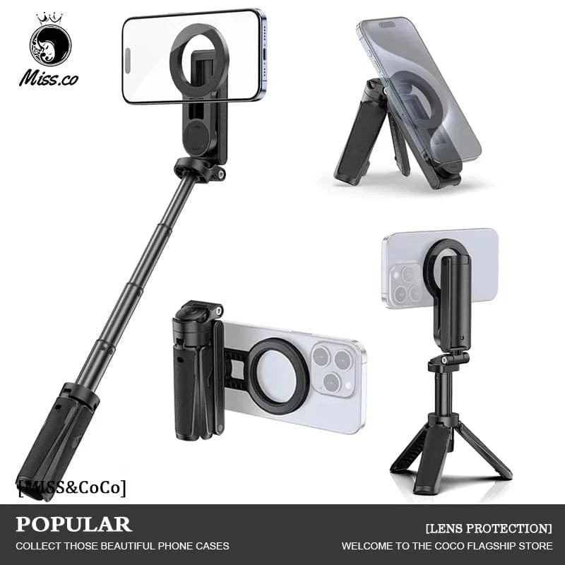 Black Magnetic Phone Tripod Wireless Phone Grip Selfie Stick Desktop Tripod for iPhone 16 15 14 13 12 Pro Max For Samsung phone holder