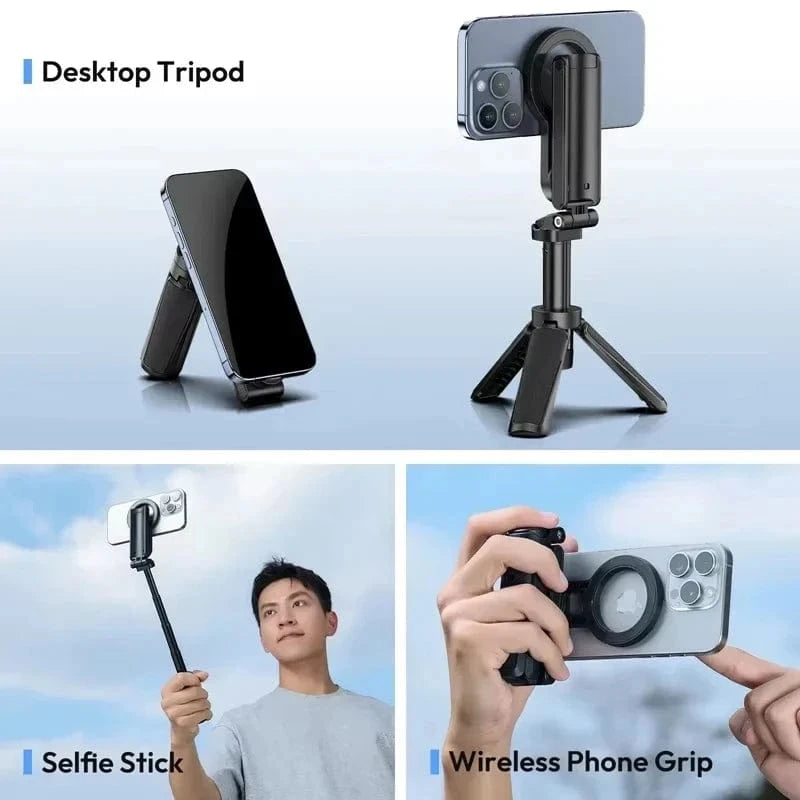 Black Magnetic Phone Tripod Wireless Phone Grip Selfie Stick Desktop Tripod for iPhone 16 15 14 13 12 Pro Max For Samsung phone holder