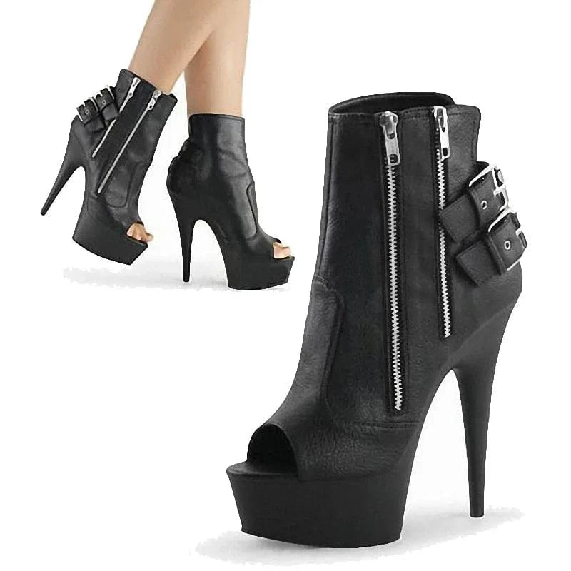 Black matte Pu punk 15 cm thin heel platform zipper metal buckle fashion short boots fashion high heels