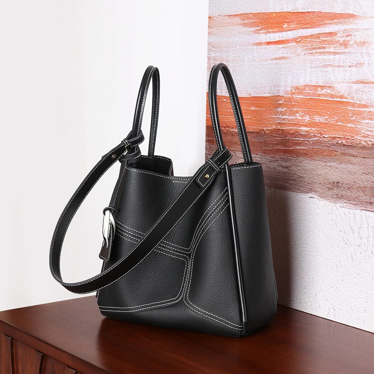 Black OEM ODM Fashion Branded Women Designer Handbags Women'S Genuine Leather Hand Shoulder Bucket Tote Bags For Ladies Girls Luxury