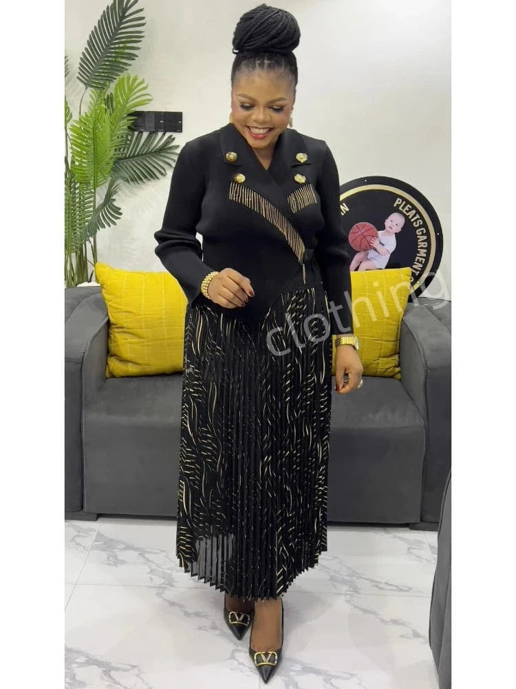 Black / One Size EGRM Elegant Banquet Pleated A-line Dress Suit Collar Mid To Long Style Waist Cinching Slimming Women Folds Skirt 2025 New 6G598