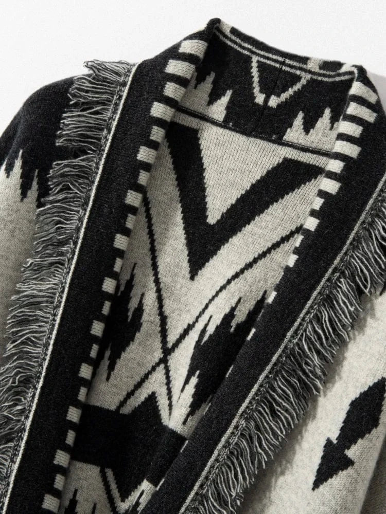 black / One Size Luxury Women Vintage Tassels Cardigan 100% Cashmere Knit Jacquard Sweater Coat Autumn Winter High Quality Female Clothing Tops