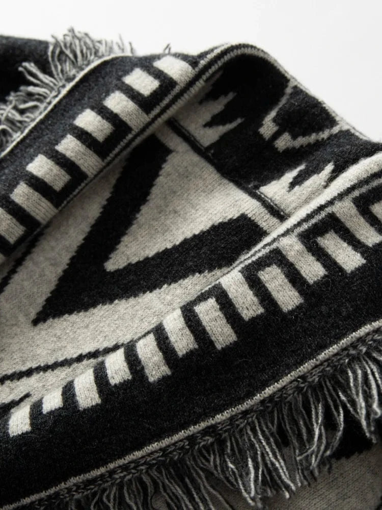 black / One Size Luxury Women Vintage Tassels Cardigan 100% Cashmere Knit Jacquard Sweater Coat Autumn Winter High Quality Female Clothing Tops