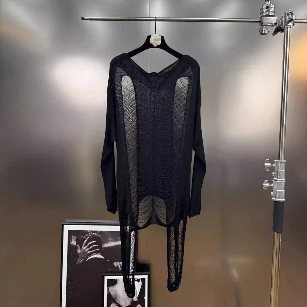BLACK / One Size VGH Streetwear Spliced Hollow Out Summer Knitwear for Women Round Neck Long Sleeve Patchwork Asymmetrical Designer Tees Female