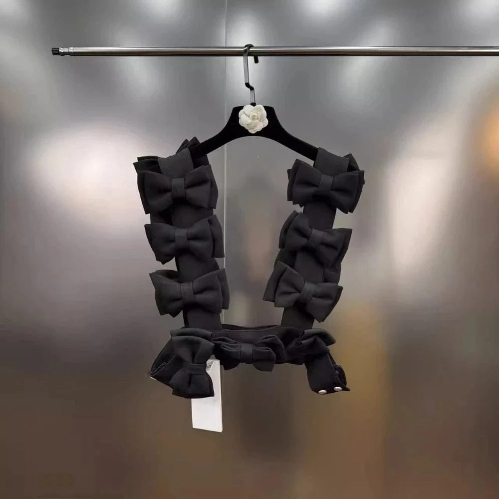 BLACK / One Size VGH Sweet Style Spliced Bowknot Vest for Women Square Collar Sleeveless Patchwork Button Fashionable Tank Tops Female Clothing