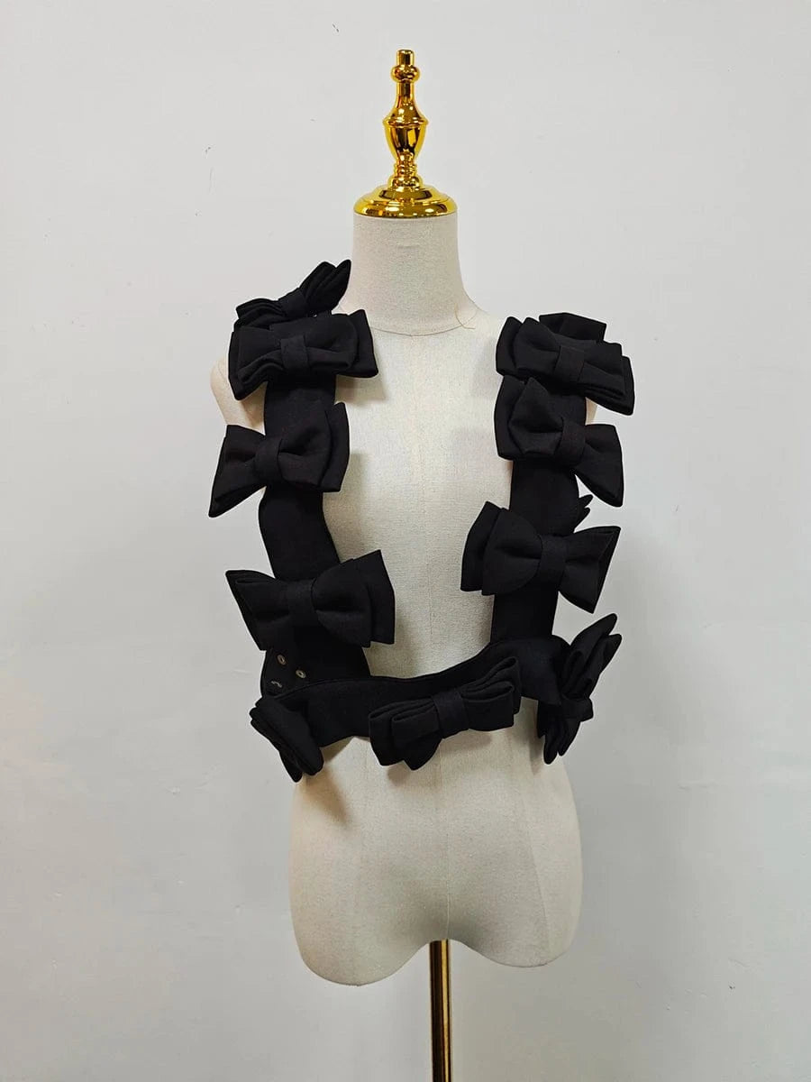 BLACK / One Size VGH Sweet Style Spliced Bowknot Vest for Women Square Collar Sleeveless Patchwork Button Fashionable Tank Tops Female Clothing