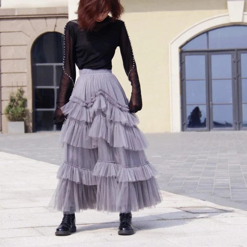 Black Patchwork Mesh Skirt For Women High Waist Casual Ball Gown Skirts Female Fashion New Clothes 2024 Spring