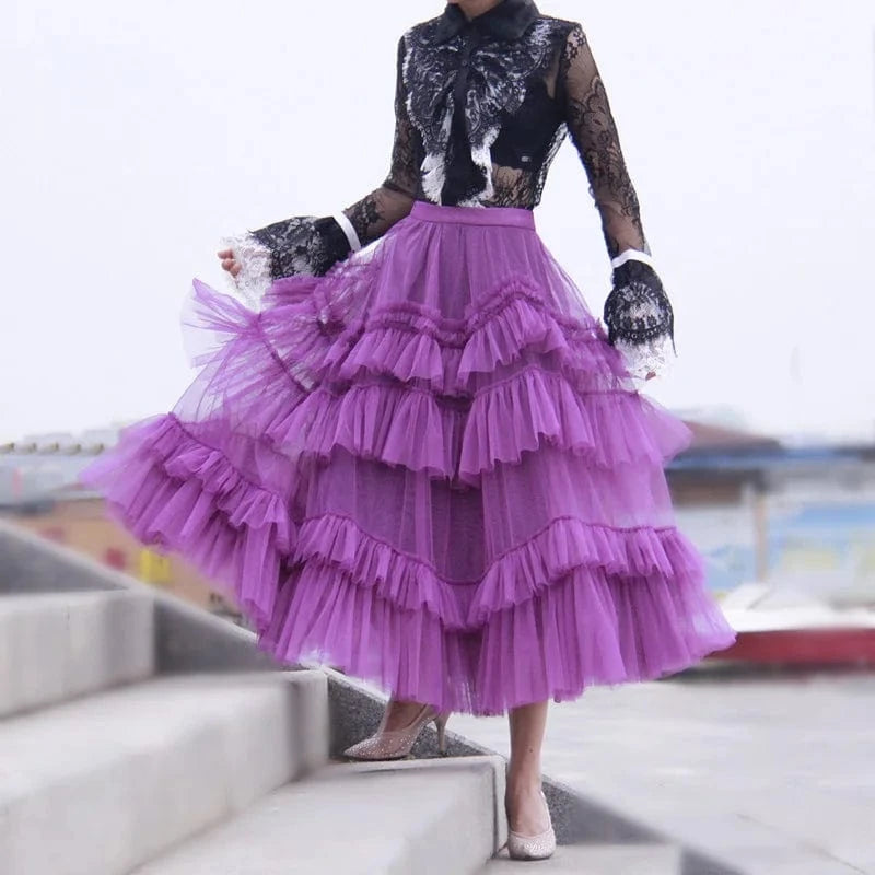 Black Patchwork Mesh Skirt For Women High Waist Casual Ball Gown Skirts Female Fashion New Clothes 2024 Spring