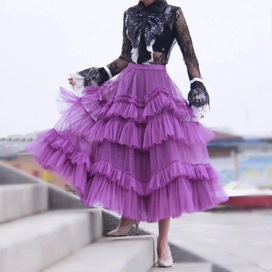 Black Patchwork Mesh Skirt For Women High Waist Casual Ball Gown Skirts Female Fashion New Clothes 2024 Spring