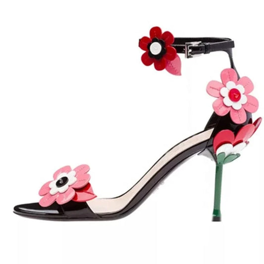 Black peach heart patent leather high-heeled sandals with beautiful flowers stiletto leather ladies temperament