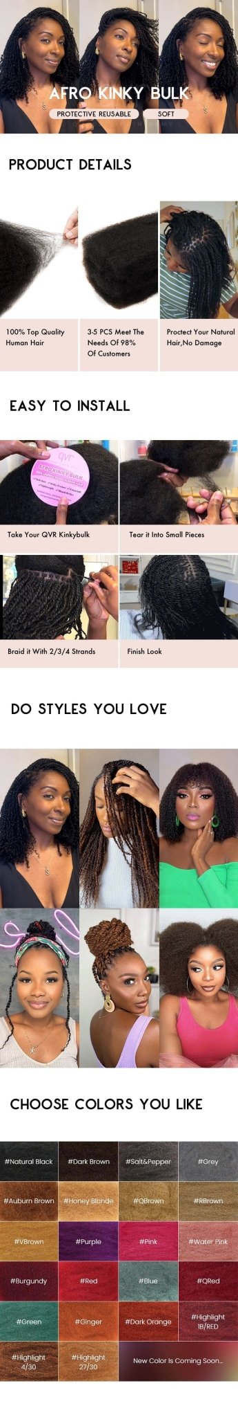 Black Pearl Top Peruvian Kinky Curly Mini Twist Hair 50G/pc QVR Afro Kinky Bulk Human Hair for Braiding 100% Remy Hair Bundles - SN Wigs & More
