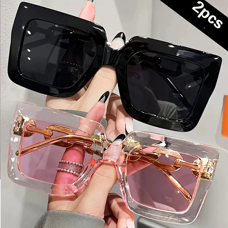 Black-Pink 2pcs Luxury Oversized Fashion Sunglasses for Women - Large Square Frame with Anti-Glare Lenses, Golden & Rose Golden Accents