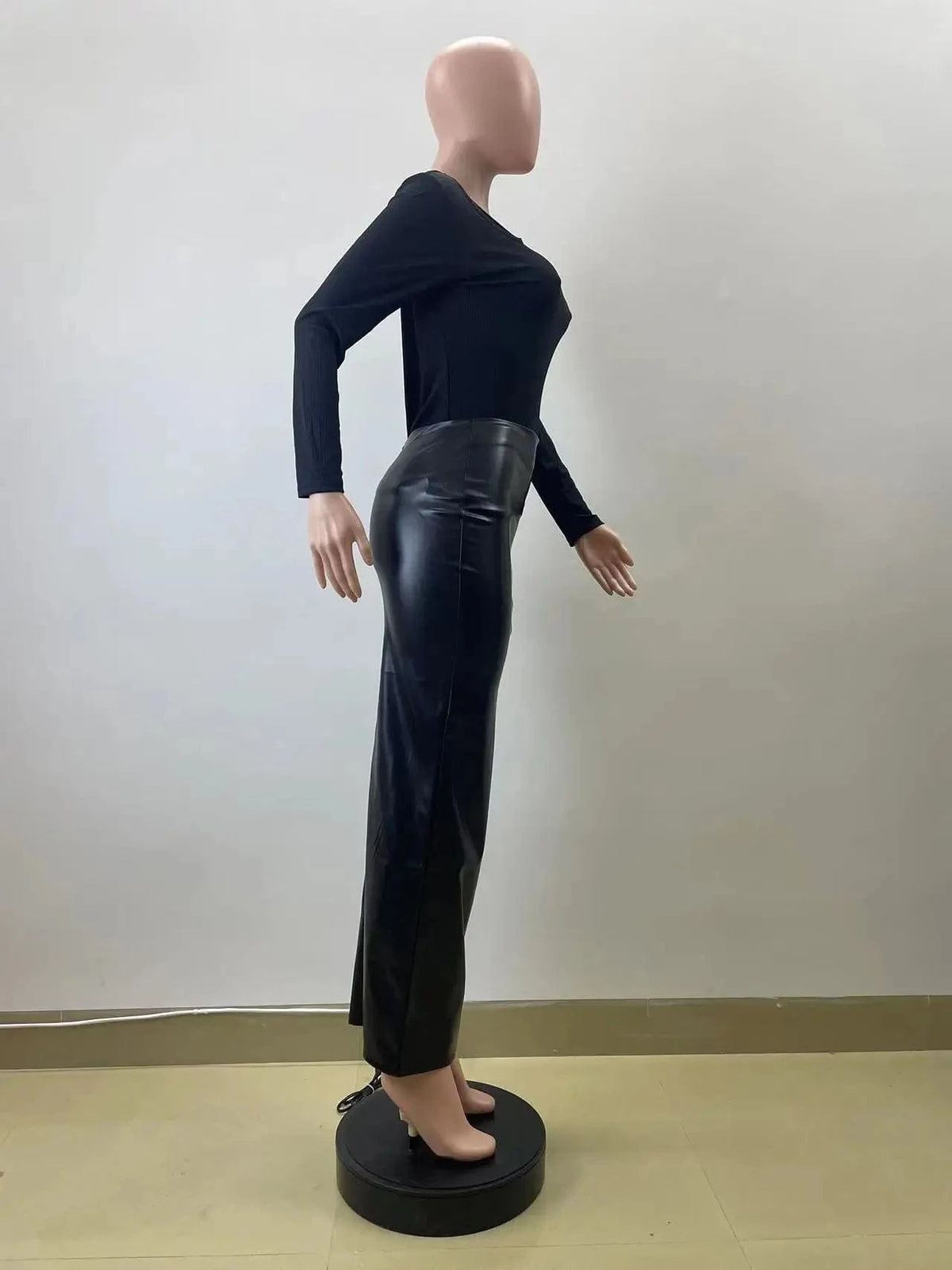 Black PU Leather Long Skirt Sexy Women High Waist Elegant High Street Faux Leather Casual Skirt