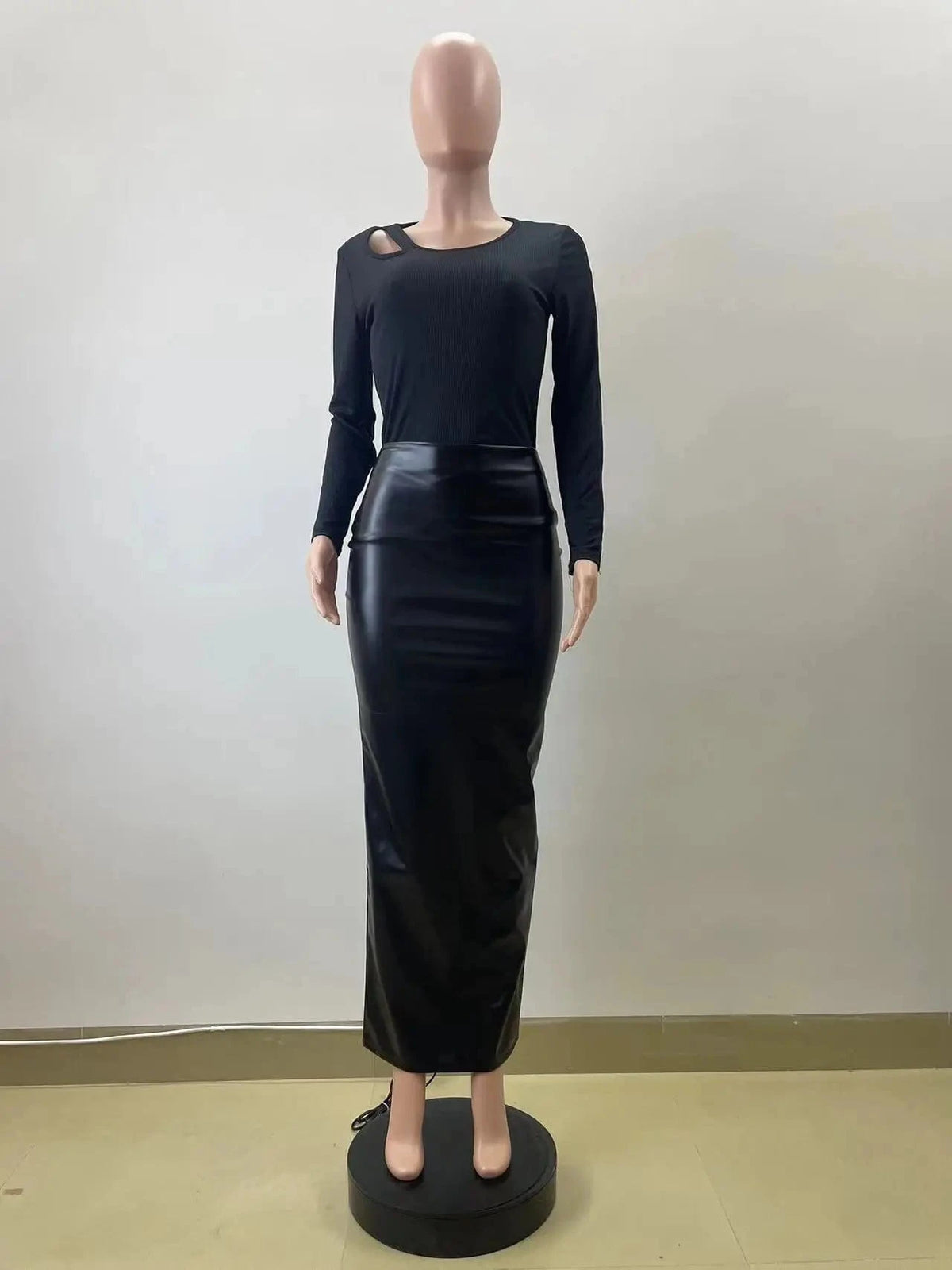 Black PU Leather Long Skirt Sexy Women High Waist Elegant High Street Faux Leather Casual Skirt