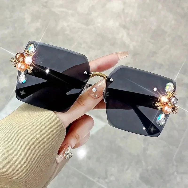Black Rhinestone Decor Fashion Fashion Glasses For Women Men Casual Gradient Rimless Glasses For Summer Beach Rave Party