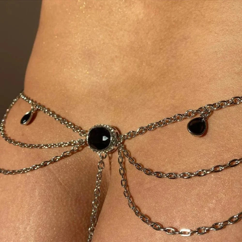 Black Rhinestone Sexy Thongs Panties Underwear for Women G-string Bikini Lingerie Thong Bikini Metal Chain Custom Jewelry