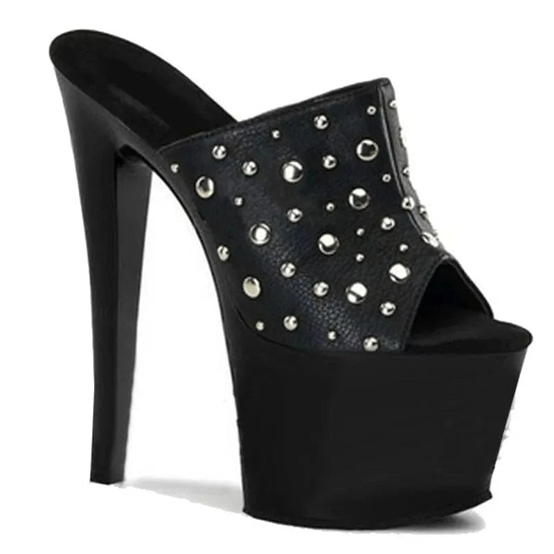 Black rivet Gothic transvestite stiletto 17 cm club high heels women's summer leaky toe non slip sandals