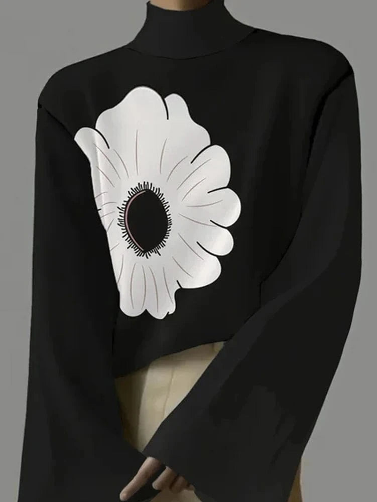 Black / S 2025 Summer New Women's Tops Flared Long Sleeve Turtleneck Top Color Black Polyester Printed Pattern Explosion