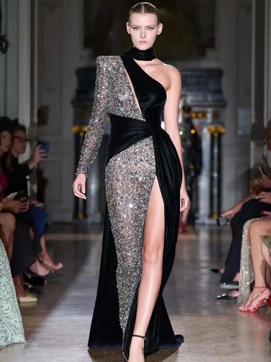 Black / S / CHINA Glamorous Women's One Shoulder Black Velvet Sequin Maxi Dress High Slit a Fusion of Vintage Fashion for Red Carpet Events